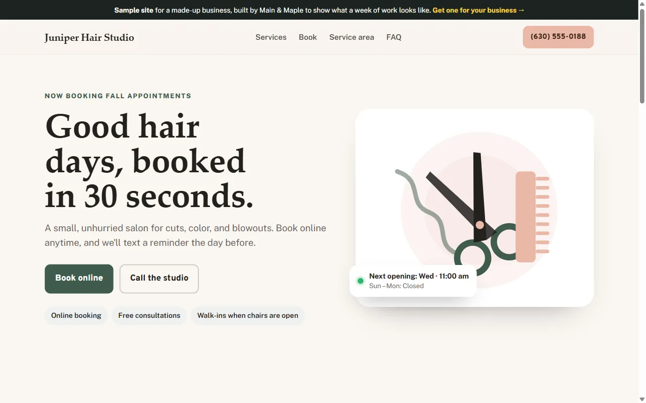 Sample website for Juniper Hair Studio, a made-up hair salon business