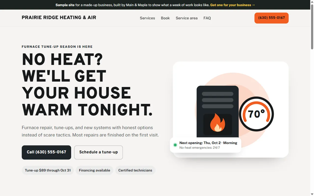 Sample website for Prairie Ridge Heating & Air, a made-up heating & cooling business